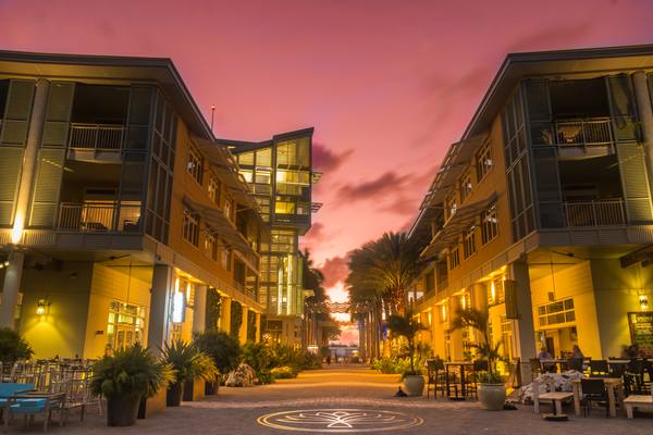 Office buildings on Grand Cayman at sunset